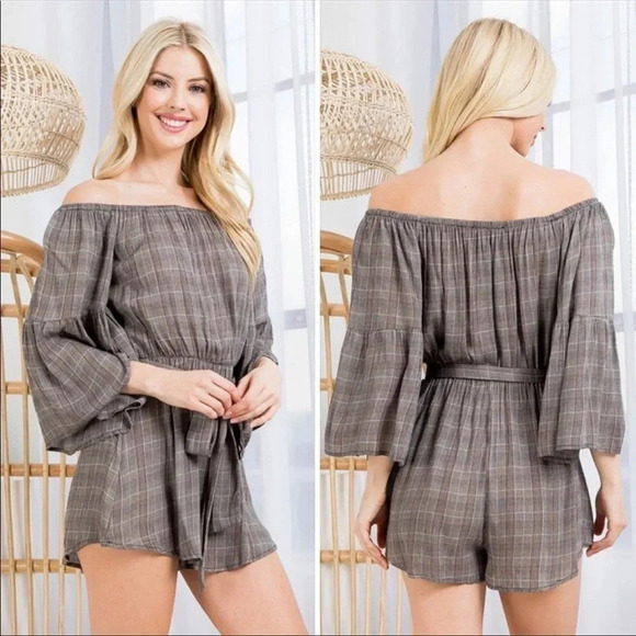 Boho Plaid Off Shoulder Romper | Bell Sleeve Cinched Waist Jumpsuit - Picture 2 of 11